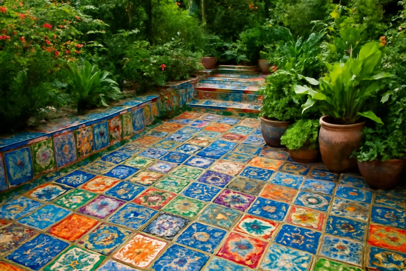 Gạch mosaic đa sắc lát sân vườn