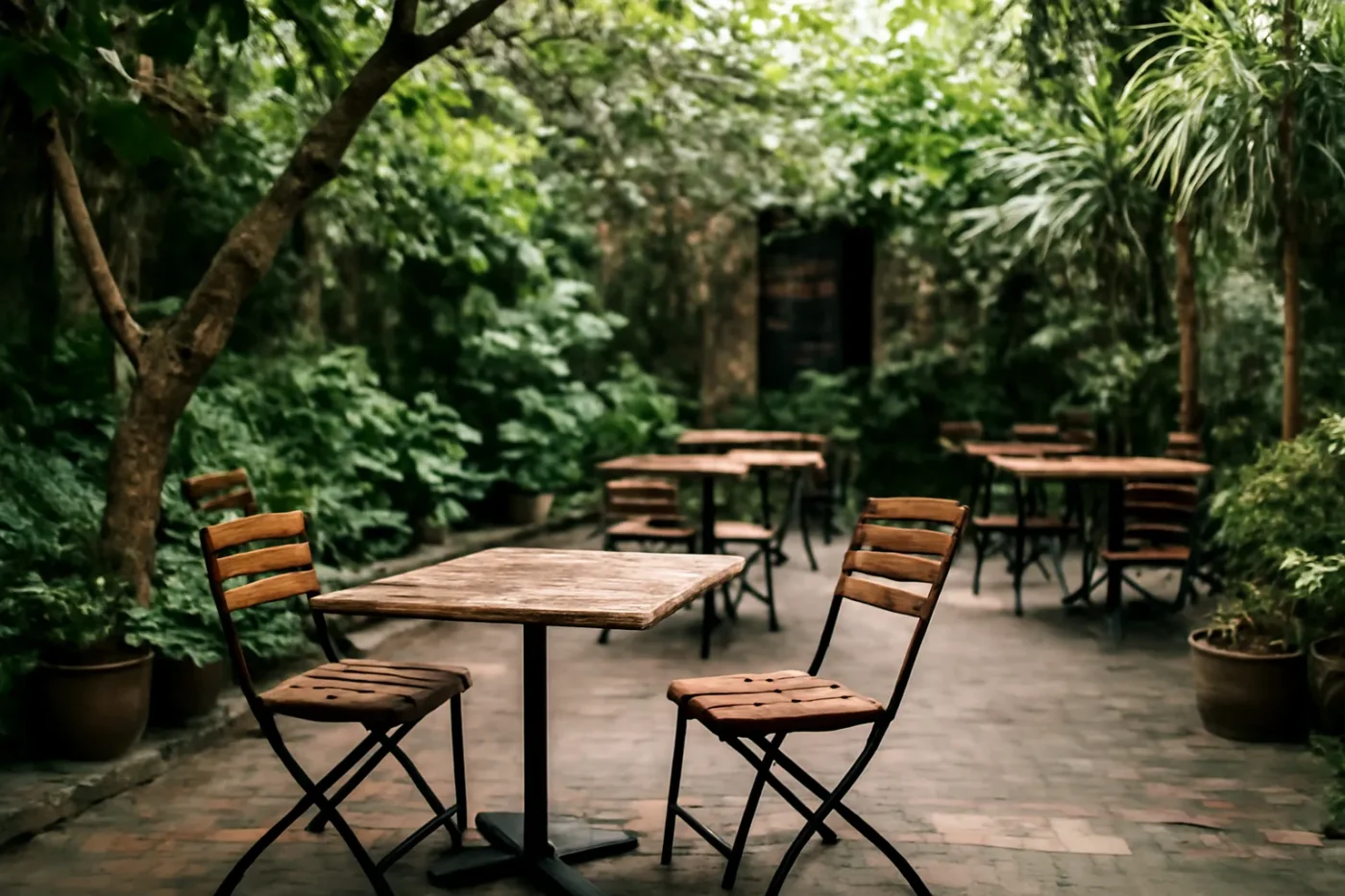 Khu vực cafe sân vườn với ghế gỗ và cây xanh
