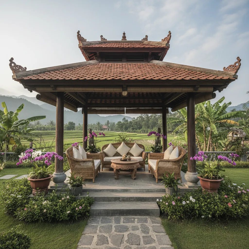 Chòi sân vườn có bàn ghế gỗ tiện nghi